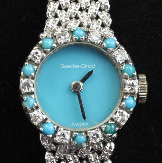 A ladys 1970s 9ct white gold, diamond and turquoise Bueche Girod manual wind wrist watch,